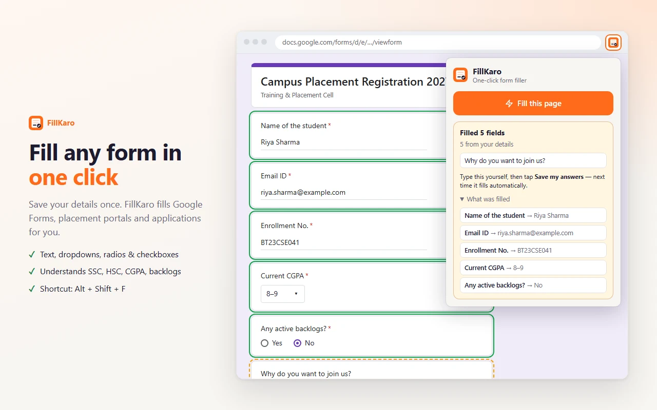 FillKaro popup after filling a Google Form: name, email, enrollment number, CGPA and backlogs filled and outlined in green.