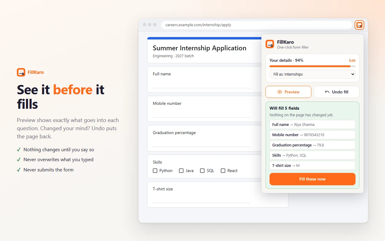Preview listing the value FillKaro will put into each question, with a Fill these now button.