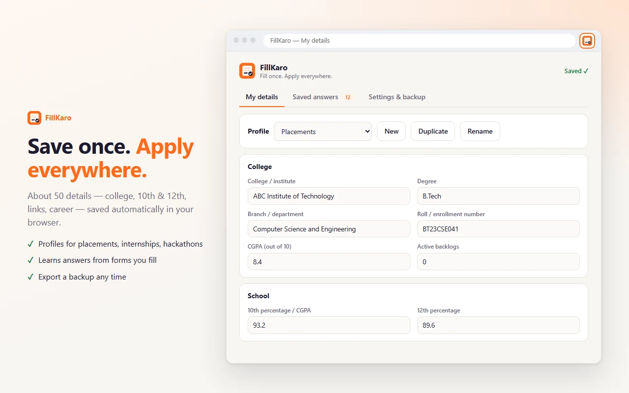 FillKaro settings page with profile selector and college and school details.